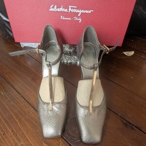 Salvatore Ferragamo Silver T-Strap Heels